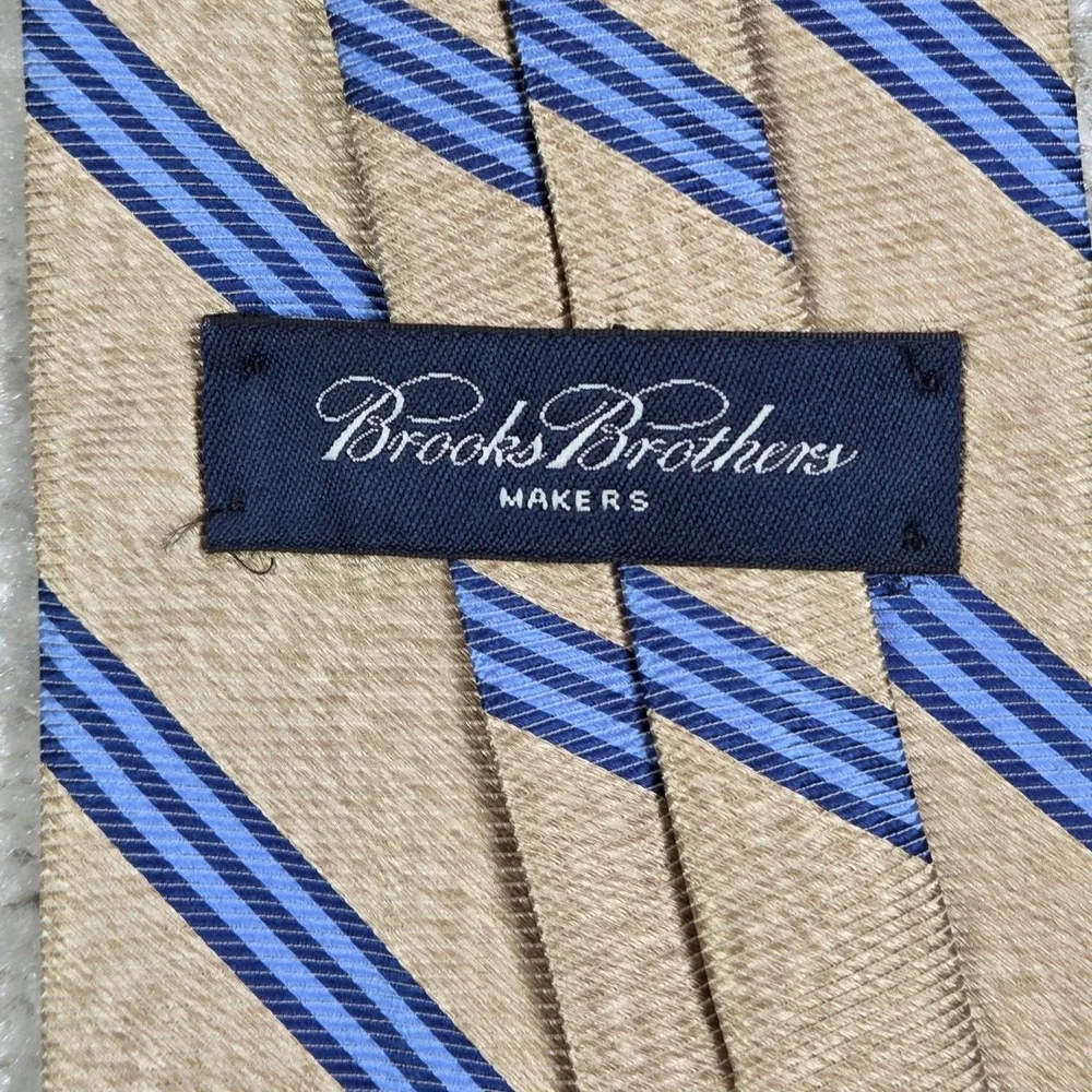 Brooks Brothers Makers‎ Silk Repp Tie Tan Blue Stripe 58